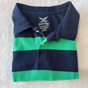 Faded Glory Mens 2XL‎ 2XG Navy Blue Green Stripe Polo Shirt preppy